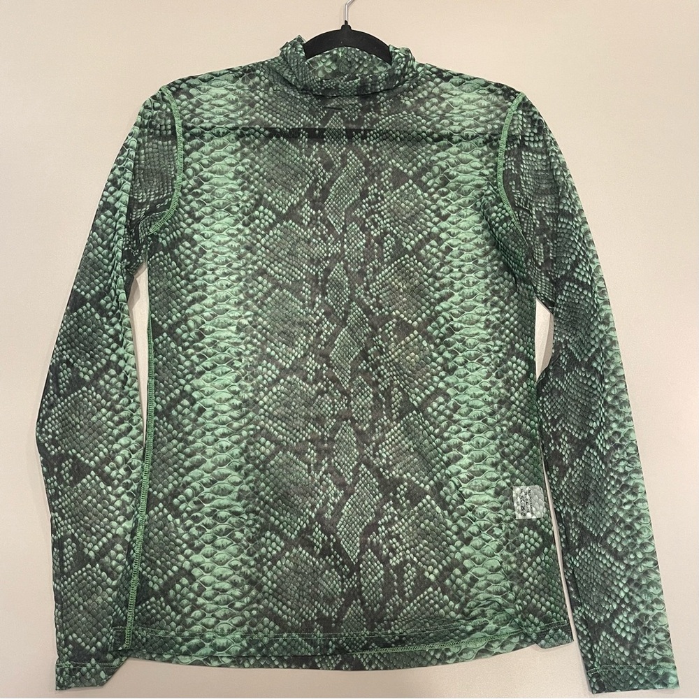 Dries Van Noten Sheer Mesh Long-sleeve Green Snake/Python Print Turtleneck
